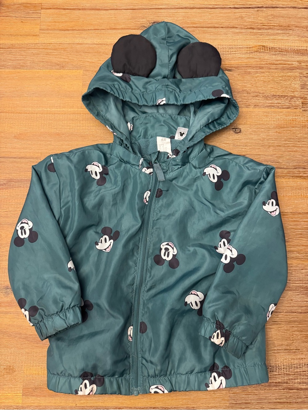 H&M green Mickey Hooded Kids fleece lined Raincoat with Ear Details 2T